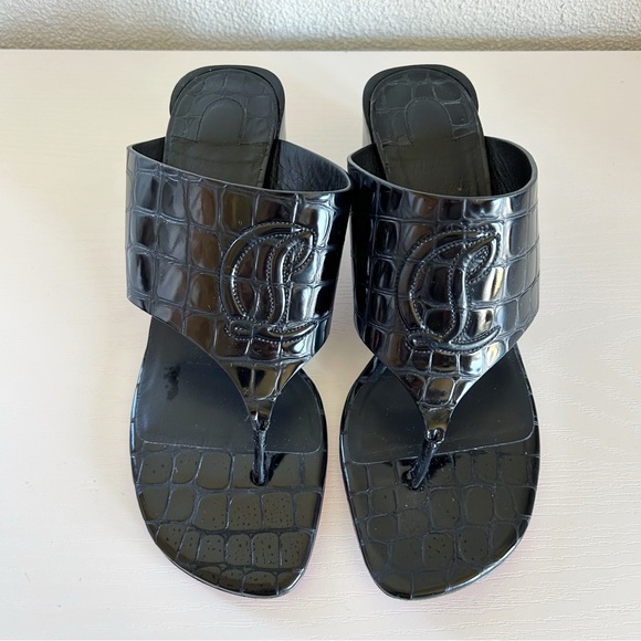 Christian Louboutin Tongamule Black Croc Embossed CL Logo Block Heels Size EU 39 - Picture 4 of 13